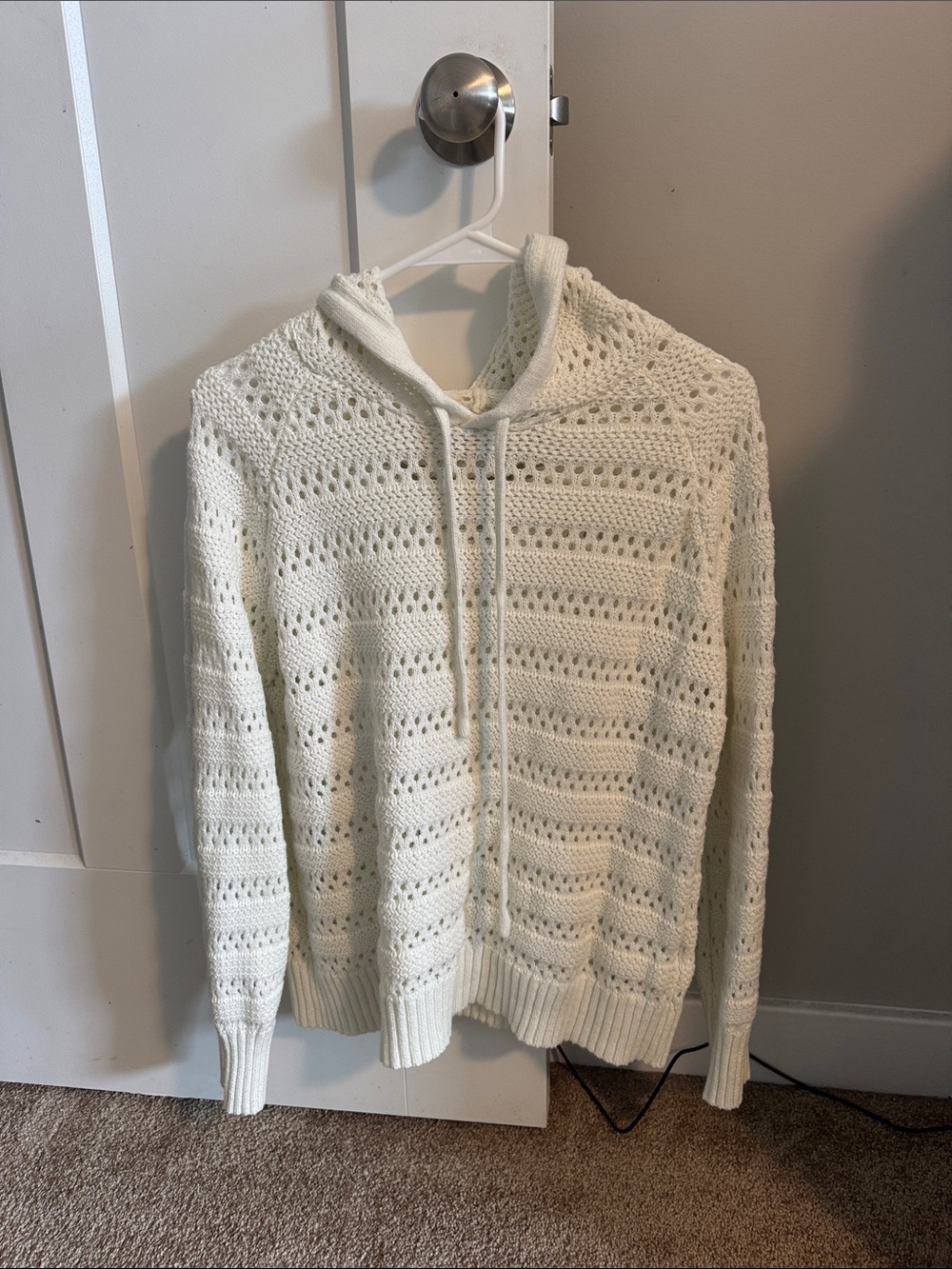 Lightweight Cream Hooded Open-Knit Sweater